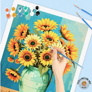Sunflowers PAINT by NUMBERS Adult Art Kit DIY Floral Canvas Vintage Style Painting Vase Of Flowers Cottagecore Country Rustic Home Decor