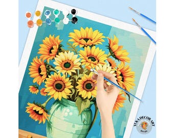 Girasoles PINTAR POR NÚMEROS Kit de arte para adultos DIY Lienzo floral Pintura estilo vintage Jarrón de flores Cottagecore Decoración rústica del hogar