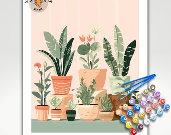 May include: Paint by number DIY kit featuring a colorful illustration of potted plants. The kit includes a canvas, acrylic paints, brushes, and instructions. Available in 3 canvas sizes.