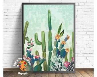 Kit di pittura con i numeri per principianti, hobby per bambini e adulti, cactus verde con fiore, paesaggio desertico, facile regalo di decorazione per pittura acrilica fai da te