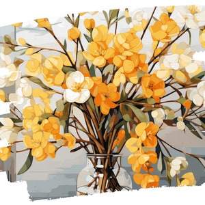 Könnte beinhalten: Ein Strauß gelber und weißer Blumen in einer durchsichtigen Glasvase. Die Blumen sind locker und natürlich angeordnet, und die Vase ist schlicht und elegant.