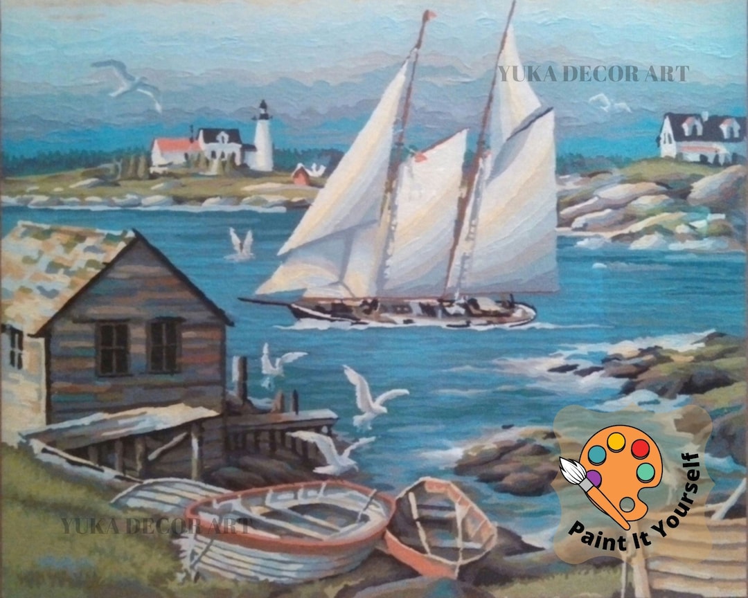 Vintage Style PAINT by NUMBER Kit for Adult , DIY Boat Dock Painting