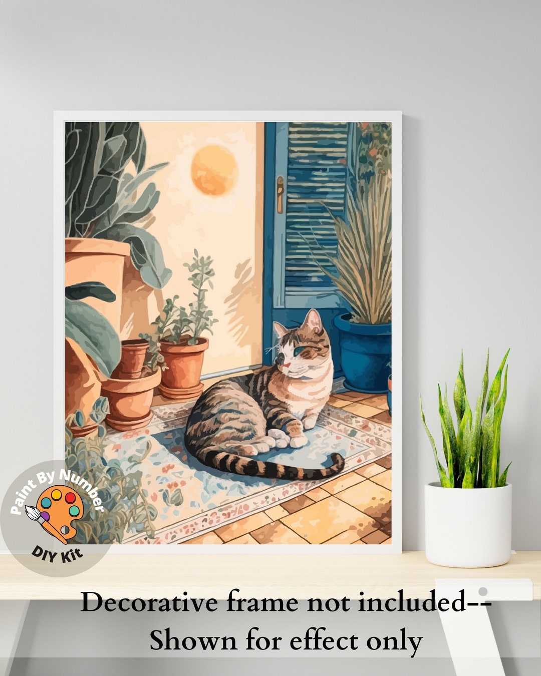 Modern PAINT by NUMBER Adult Kit , Cat on Carpet , Foliage Plants Blue ...