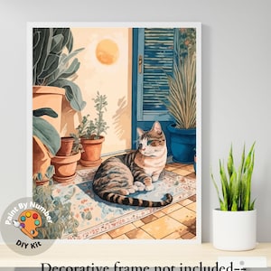 Modern PAINT by NUMBER Adult Kit , Cat on Carpet , Foliage Plants Blue Door ,DIy poster, DIY Beginners Acrylic Paint Kit ,Wall Decor Gift