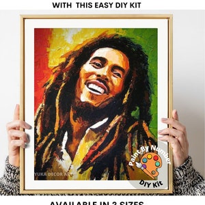 May include: Paint by numbers kit featuring a portrait of Bob Marley with a colorful background. The kit includes paints, brushes, and a canvas.  Available in 3 sizes.  "Paint By Number" and "DIY Kit" are written on the image.