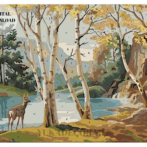PBN DIGITAL DOWNLOAD Forest Deer Mountain Lake Vintage Style Art - ( No Physical Item shipped ) - Print And Paint Set image 3
