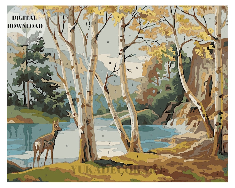 PBN DIGITAL DOWNLOAD Forest Deer Mountain Lake Vintage Style Art - ( No Physical Item shipped ) - Print And Paint Set image 3