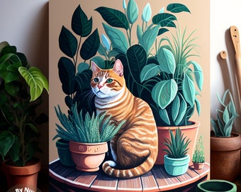 May include: A canvas print featuring a ginger tabby cat surrounded by potted plants. The artwork has a neutral background and includes the text "AVAILABLE IN 3 CANVAS SIZES" and "YUKA DECOR ART". The image is a DIY kit.