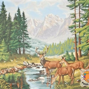 Mountain Stream  PAINT by NUMBER Kit  Adult ,  Deers in Forest Vintage Style DIY Art , Easy Acrylic Paint Kit,Christmas Decor Gift