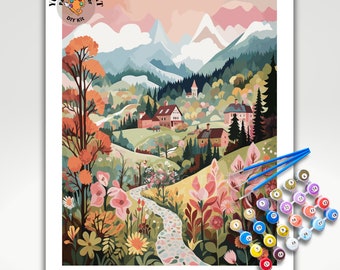 PAINT by NUMBER Kit Adult Mountain Flowers Pastel Colors Landscape Minimalist DIY Beginners Paint Kit Premium Decor Gift For Girlfriend Mom