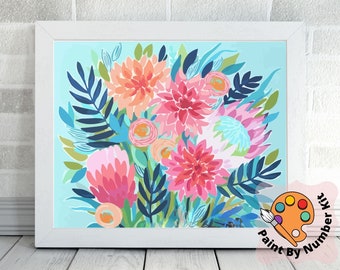 Abstrakte Blumen PAINT by NUMBER Kit für Erwachsene, Gartenstrauß Pflanzen, einfaches DIY Anfänger-Acrylfarbenset, Wohnzimmer, Schlafzimmer, Wandkunst, Dekor