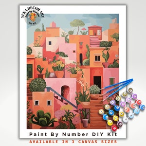 PAINT by NUMBERS Kit Adult Colourful Coastal Town Landscape Vibrant Pink Yellow DIY Painting Beginners Acrylic Paint Home Decor Gift Friend