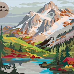 Snow Mountain DIY Nature Vintage Style Art - PAINT by NUMBER  Digital Download Kit