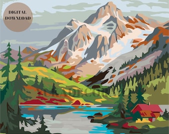 Snow Mountain DIY Nature Vintage Style Art - PAINT by NUMBER  Digital Download Kit