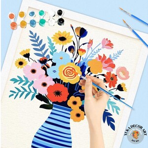 Simple Floral PAINT by NUMBERS Adult DIY Kit Minimalist Flower Painting Canvas Art Flowers In Blue Vase & Wildflower Art Gift Girls Teens