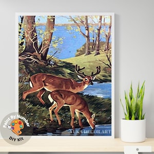 Deers In Forest PAINT by NUMBER Kit  Adult , Mountain Stream Vintage Style DIY Art , Easy Acrylic Paint Kit,Christmas Decor Gift