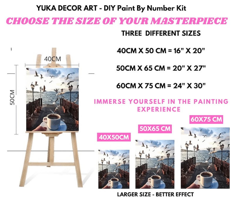 Peut inclure: Un kit de peinture par num&eacute;ros repr&eacute;sentant un paysage marin avec une tasse de caf&eacute; sur une jet&eacute;e. Le kit est disponible en trois tailles&nbsp;: 40&nbsp;cm x 50&nbsp;cm, 50&nbsp;cm x 65&nbsp;cm et 60&nbsp;cm x 75&nbsp;cm.