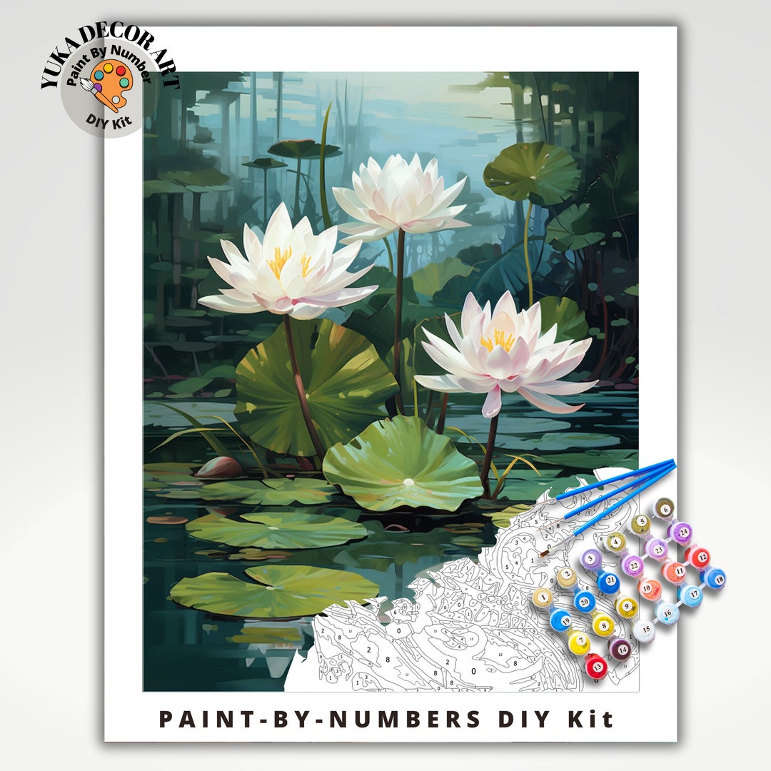 Nature PAINT by NUMBER Kit for Adults white Lilies Lake Flowers DIY ...