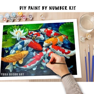 Koi Fish PAINT by NUMBER Kit Adults , White Lotus Plant In Lake , Easy DIY Beginners Acrylic Paint Kit ,Living Bedroom Wall Art Decor Gift