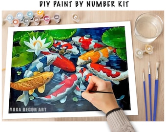 Koi Fish PAINT by NUMBER Kit Adults , White Lotus Plant In Lake , Easy DIY Beginners Acrylic Paint Kit ,Living Bedroom Wall Art Decor Gift