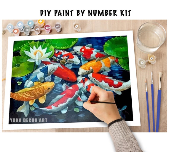 Koi Fish PAINT by NUMBER Kit Adults , White Lotus Plant in Lake