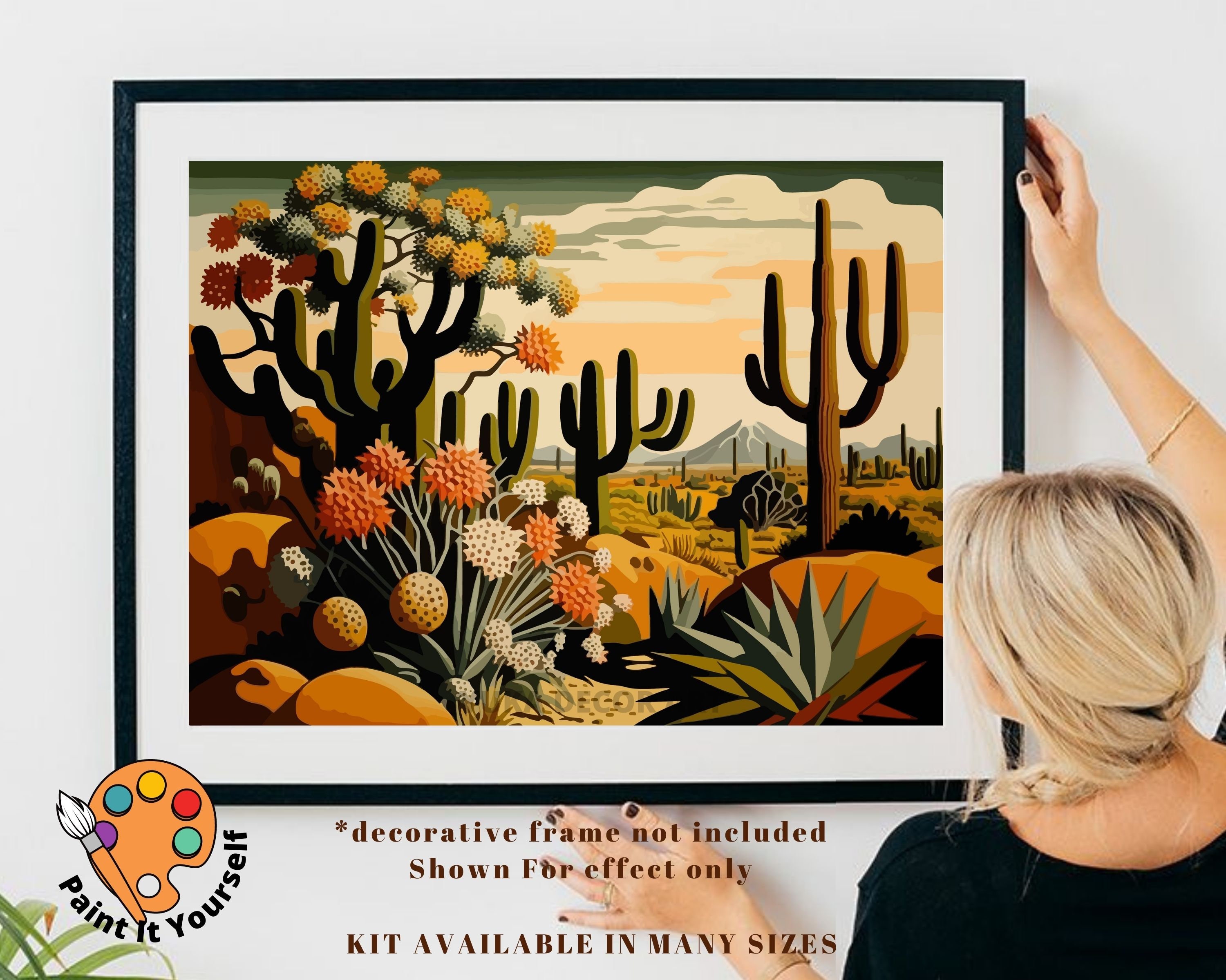 Paint by Numbers Kit for Beginner , Kids & Adult Hobby, Green Cactus With  Flower,desert Landscape , Easy Acrylic DIY Painting Decor Gift 