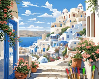 サントリーニ島の数字で描くペイントキット：ギリシャ旅行アート、DIY