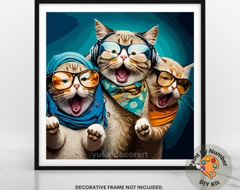 PAINT by NUMBER Kit Adult ,Minimalist Wall Art, Three Funny Cats  , Easy DIY Beginners Acrylic Painting Kit , Nursery Room Decor Gift