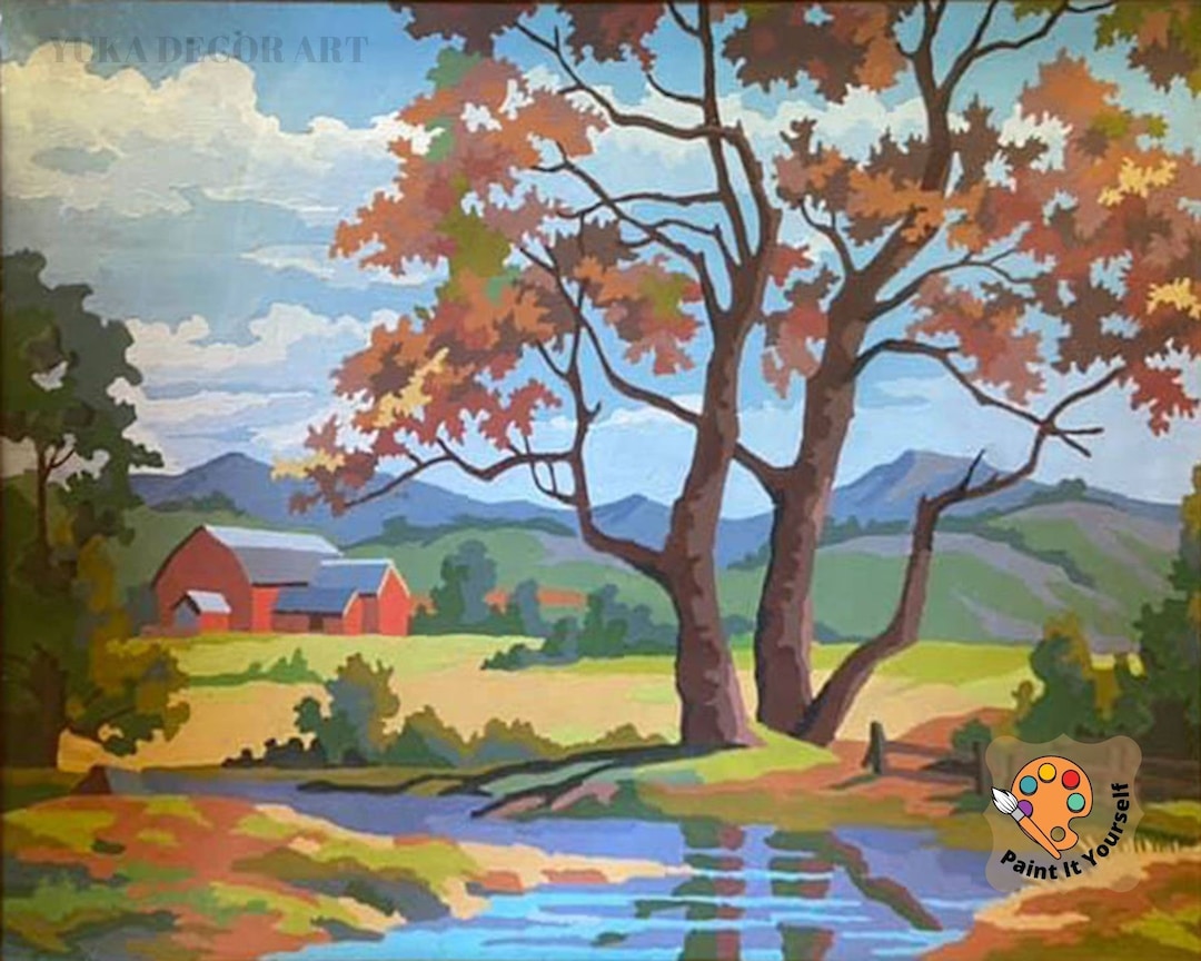 Vintage Style PAINT by NUMBER Kit Adult, Stream River Landscape Fall