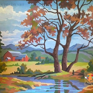 Vintage Style  PAINT by NUMBER Kit Adult, Stream River Landscape Fall Colors Art , Easy Beginner Acrylic Painting DIY Kit,Home Decor Gift