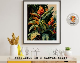 May include: A paint by numbers kit featuring a colorful illustration of tropical plants with orange flowers. The kit is available in three sizes. The text "Paint By Number DIY Kit" is in a circle on the image.