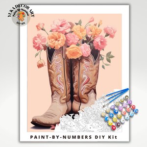 Stivali da cowboy e fiori DIPINGI con i NUMERI Kit Arte massimalista Pittura per adulti Fai da te Set di numeri Facile per principianti Regalo di compleanno per fidanzata mamma