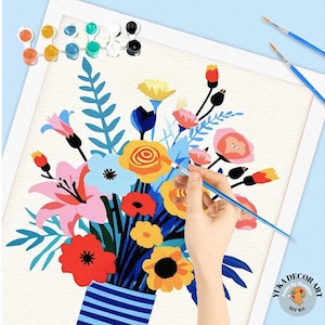 Minimalist Flowers PAINT by NUMBERS Adult Minimalist Floral Painting DIY Canvas Kit Flowers In Blue Vase & Wildflower Art Gift Girls Teens