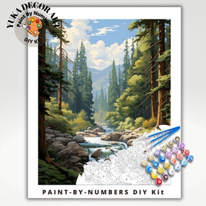 Vintage Style PAINT by NUMBER Kit Adult Stream River Landscape Mountain ...