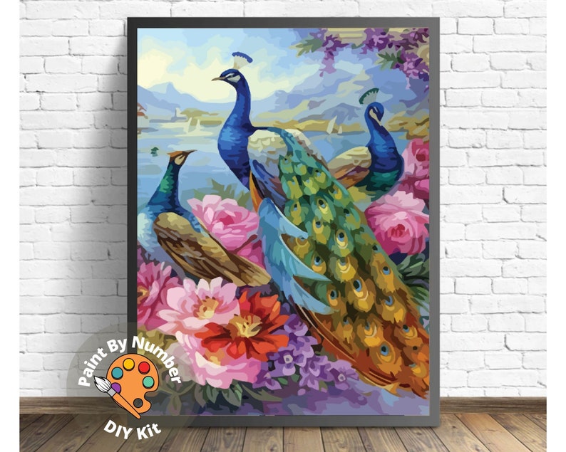 Peacock Bird PAINT by NUMBER Kit for Adults ,nature Pink Flowers ,easy ...