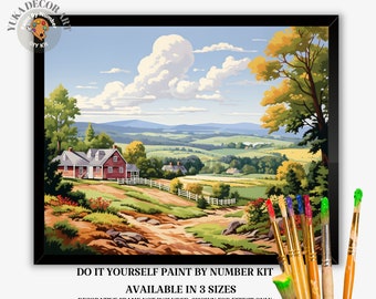 May include: A paint by numbers kit featuring a landscape scene with a red farmhouse in the distance, rolling hills, and a winding path leading to the house. The kit includes a canvas, paintbrushes, and acrylic paints.