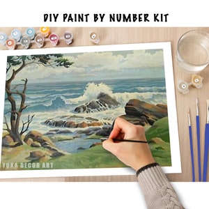 Vintage PAINT by NUMBER Kit for Adult , Easy Seascape Waves Painting ,  Beginners Acrylic Painting ,vintage Decor Gift 