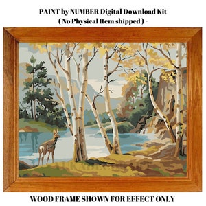 PBN DIGITAL DOWNLOAD Forest Deer Mountain Lake Vintage Style Art - ( No Physical Item shipped ) - Print And Paint Set image 2