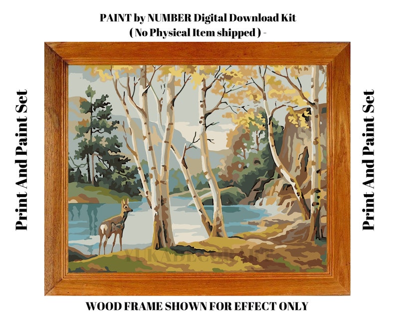 PBN DIGITAL DOWNLOAD Forest Deer Mountain Lake Vintage Style Art - ( No Physical Item shipped ) - Print And Paint Set image 2
