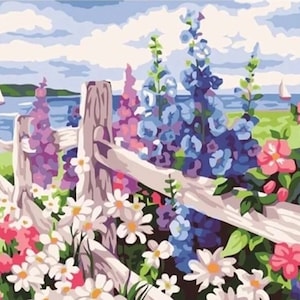 Paint by Numbers Kit for Kids Beginner,DIY Art Kit, Pink Violet Flowers Daisies Garden  Landscape, Adults Acrylic Painting Kit  - Home Decor