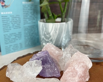 Water stones for strength and energy made of amethyst, rose quartz and rock crystal