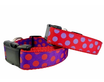 Purple Dog Collar with Red Polka Dots made of Adjustable durable washable nylon / Red Dog Collar with Purple Polka Dots