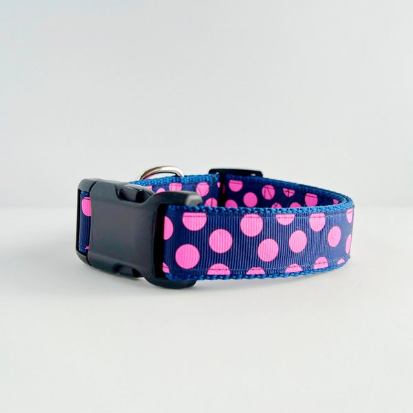 Designer Dog Collar, Navy Blue and Pink trendy dog collar, Pink Polka dots, Navy blue with polka dots,  Adjustable washable buckle collar