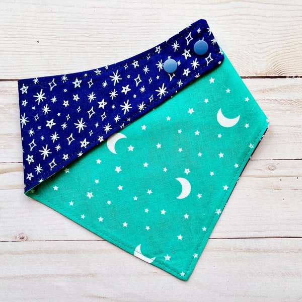 Stars and Moons Teal Dog Bandana /  Reversible Blue Dog Bandana / Snap on dog bandana  / Night Sky Pet Bandana / Celestial / Moon