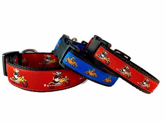 Funny Race Car Retro Dog Collar /  Dogs riding Motorcycle collar / Available in multiple sizes for puppies, small dogs & large dogs