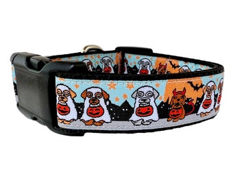 Halloween Dog Collar / Trick or Treat Collar / Seasonal Fall Dog Collar with Ghost Dog and Devil Dog / Adjustable Collar / 3/4 inch collar
