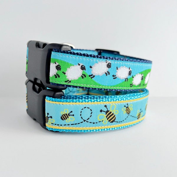 Counting sheep dog collar or Bee dog collar / Summery & Cute Dog Collar / Adjustable, washable dog collars / Jumping Sheep / Busy Bees