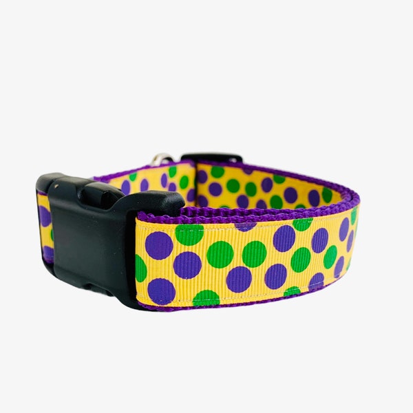 Mardi Gras Dog Collar, Adjustable Dog Collar, Washable Nylon buckle collar, Polka Dotted Dog Collar
