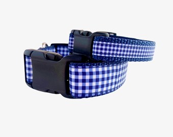 Sött sommarfärgat blått hundhalsband i olika bredder 5/8 / Tvättbart blått hundhalsband / Blått och vitt rutigt justerbart hundhalsband