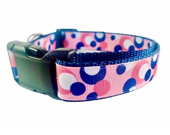 Stylish Pink Dog Collar with fun Navy and White Polka Dots / Washable, adjustable nylon blue dog collar